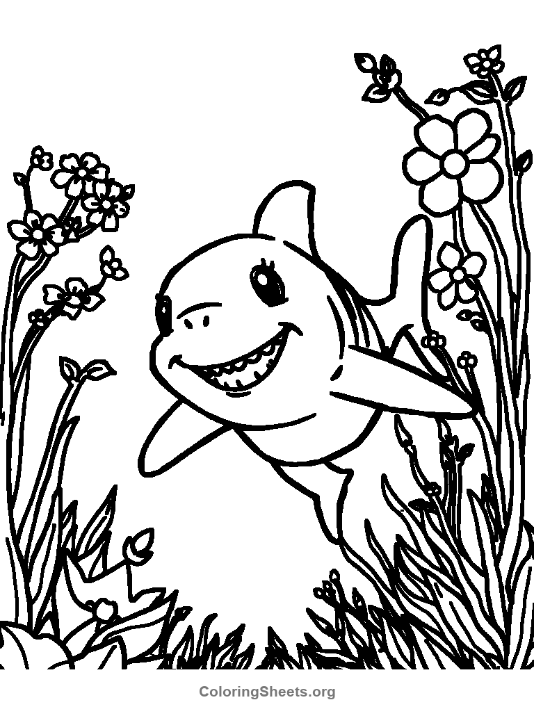 a baby shark in a garden coloring sheet